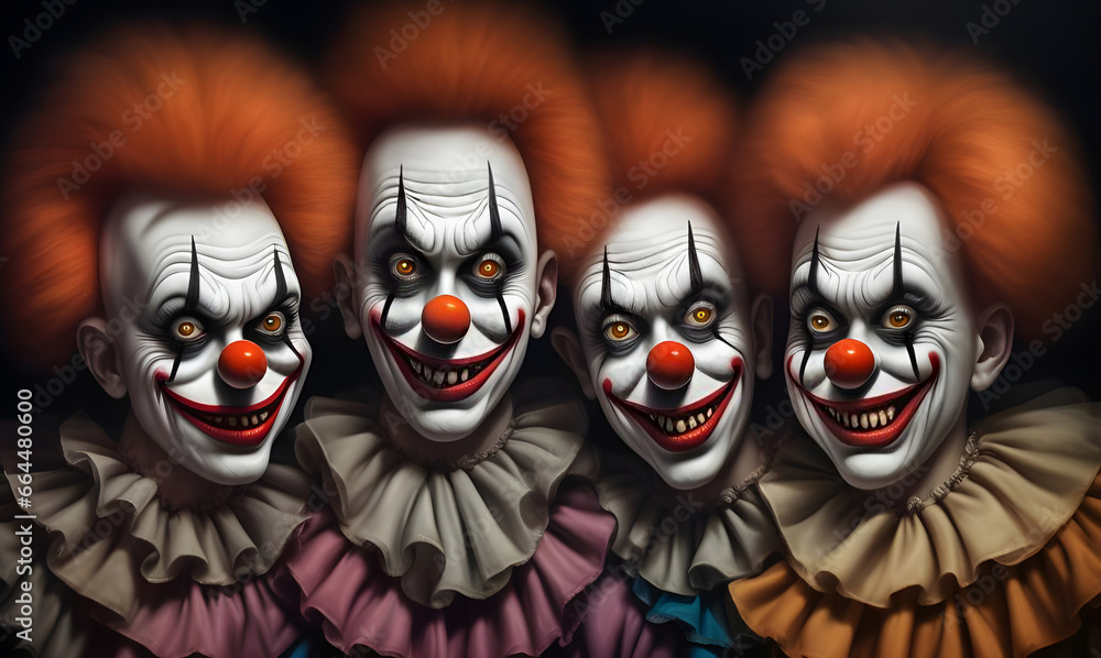 Atmospheric portrait of a group of sinister scary whiteface circus clown.  Generative AI