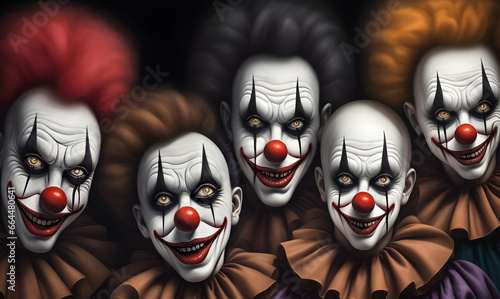 Atmospheric portrait of a group of sinister scary whiteface circus clown. Generative AI