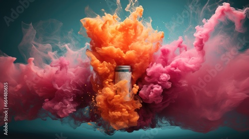 Captured in the popular style of light orange and teal, this image depicts a pink aerosol can releasing a burst of colorful powders.