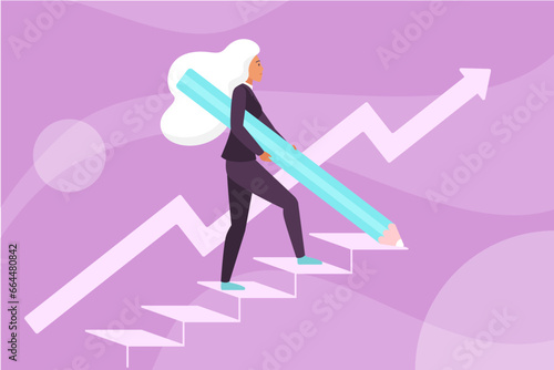 Businesswoman career growth vector illustration. Cartoon tiny woman holding pencil to draw stairs and climb up with effort, leader upward to reach business goals and success progress development