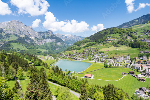 Fényképezés Panoramic Aerial View of the Alpine Village of Grindelwald in Summertime