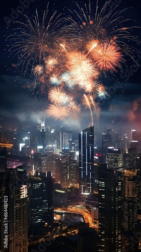 Happy New Year, city Fireworks background. AI Generated.