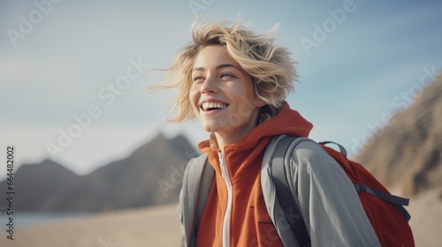 A happy smiling woman with a backpack enjoying new adventures while on vacation.