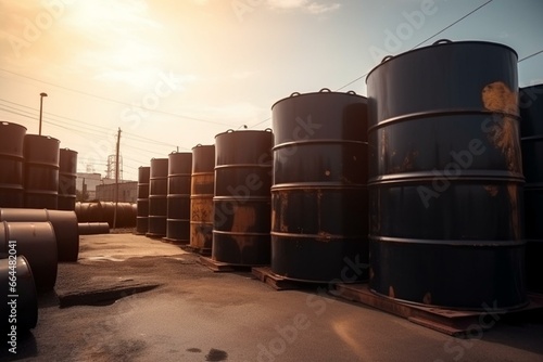 Stacks of oil barrels and chemical tanks. Industrial energy reserves. Generative AI
