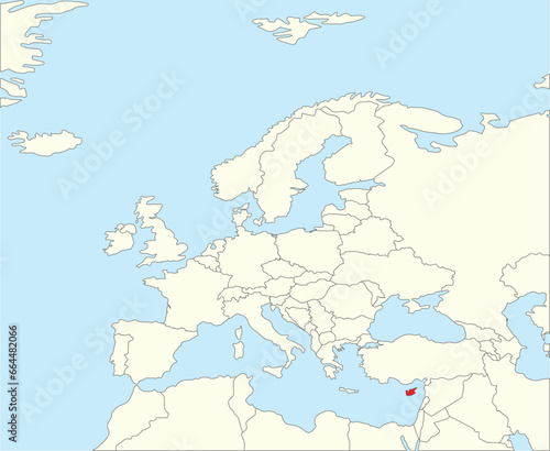 Red CMYK national map of CYPRUS inside simplified beige blank political map of European continent on blue background using Winkel Tripel projection