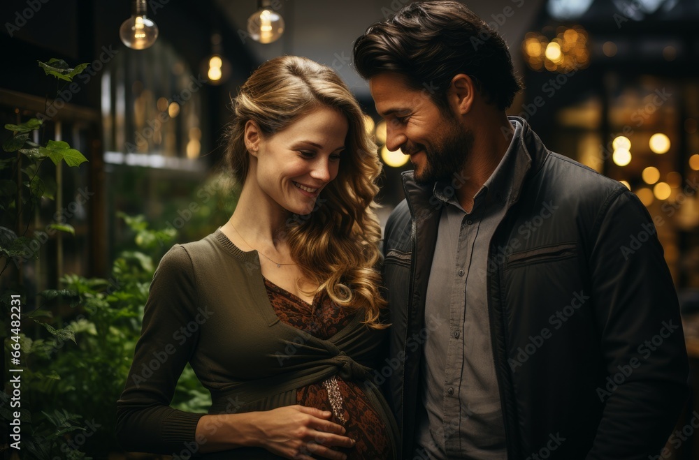 A pregnant woman and her husband standing side by side in a cosy cafe atmosphere