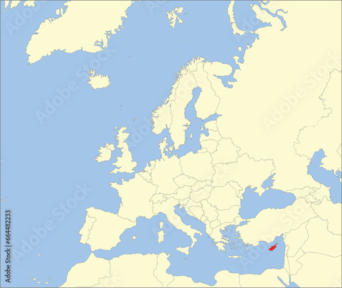 Red CMYK national map of CYPRUS inside detailed beige blank political map of European continent on blue background using Mollweide projection