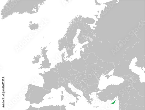 Green CMYK national map of CYPRUS inside detailed gray blank political map of European continent with lakes on transparent background using Mercator projection