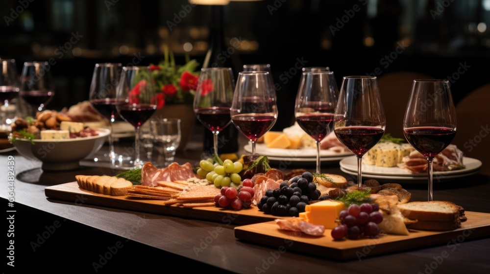 Corporate meeting daylight table with delicious appetizers and red wine in wine glasses at corporate meeting or as a part of wedding services Corporate meeting daylight table with delicious appetizers and red wine in wine glasses at corporate meeting or as a part of wedding services