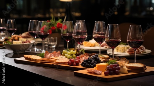 Corporate meeting daylight table with delicious appetizers and red wine in wine glasses at corporate meeting or as a part of wedding services photo