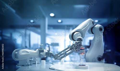 Futuristic Artificial Intelligence Robotic Arm Operates and Moves a Metal Object in lab, Picks It Up and Puts it Down. Scene is Taken in a High Tech Research Laboratory with Modern Equipment. Medical 