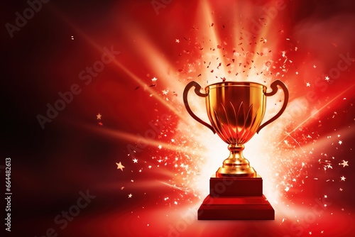 Generative AI, Winner trophy with flames, red golden champion cup with falling confetti on red background. 