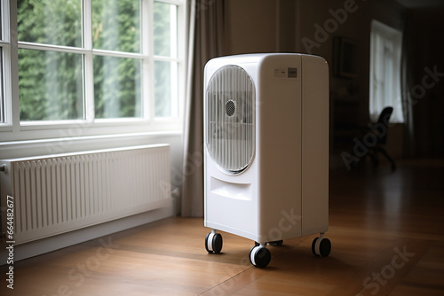 Compact and maneuverable, a portable air conditioner on caster wheels delivers adaptable cooling solutions to preferred spaces within a residence. photo
