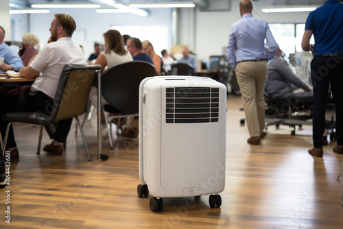 Mobilizing relief, a portable air conditioner on caster wheels is ushered into a sultry office, heralding a much-anticipated respite for the overheated staff. photo