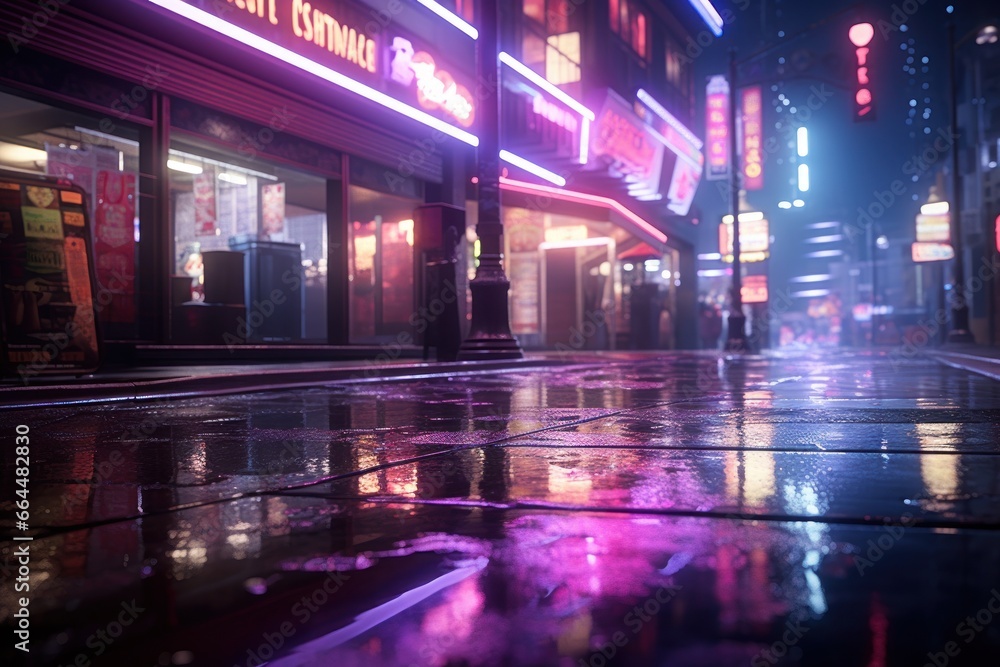 Cinematic rainy street scene, illuminated by neon lights, with reflection on wet pavement.