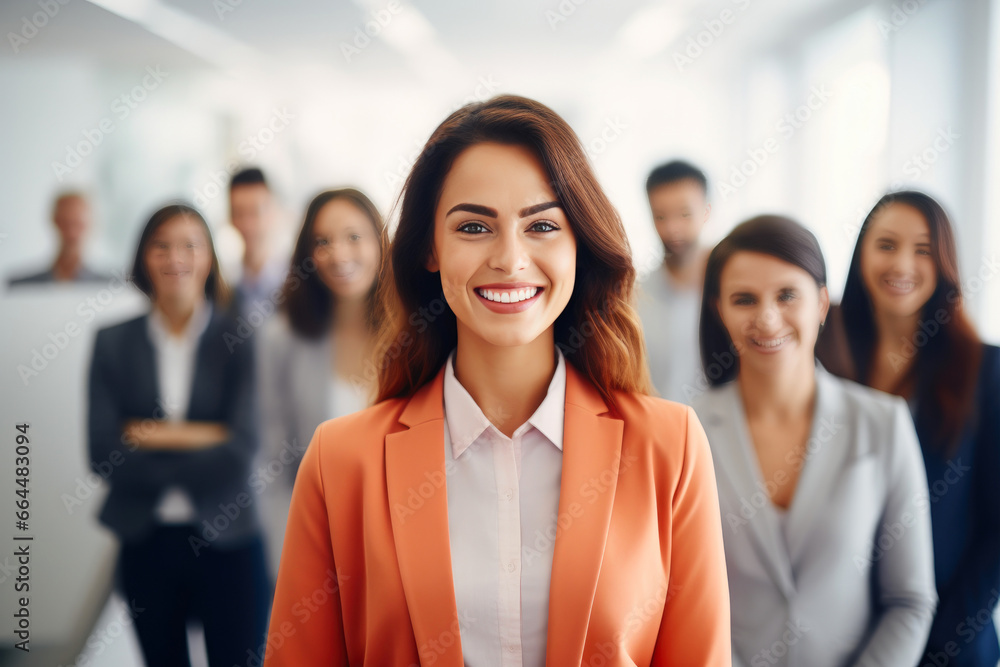 Cheerful Female Employee Working Alongside Teammates Cheerful Female Employee Working Alongside Teammates