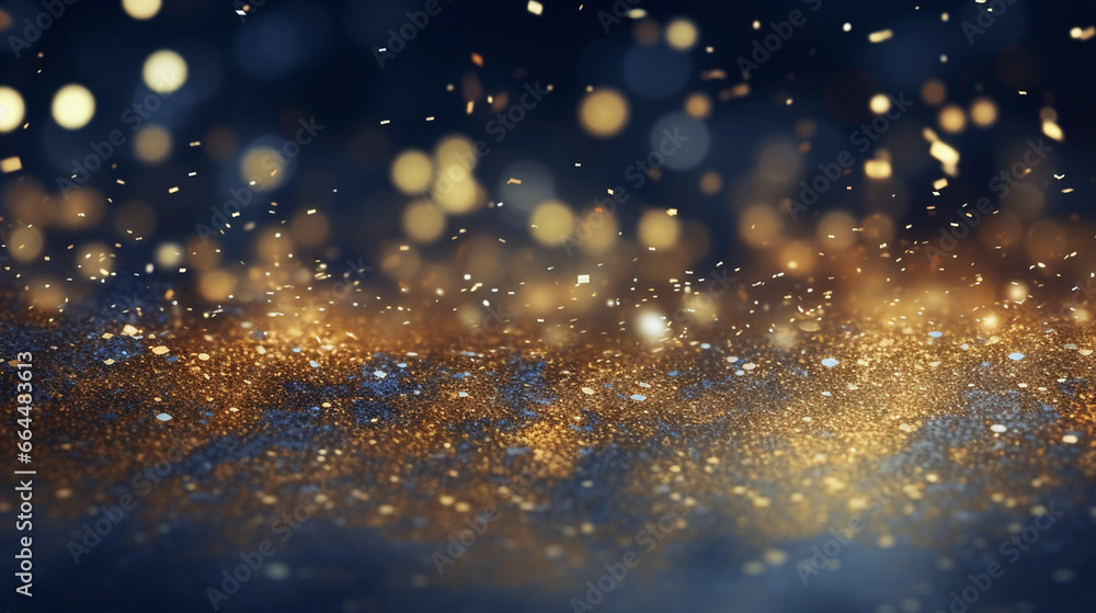 Christmas magical shiny wallpaper - golden stars, confetti and dusk with bokeh over dark blue background. AI generated - obrazy, fototapety, plakaty 