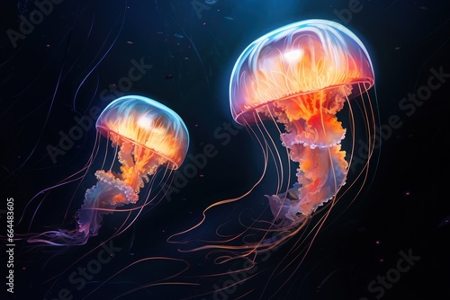 Deep sea exploration with glowing jellyfish, mysterious marine life.