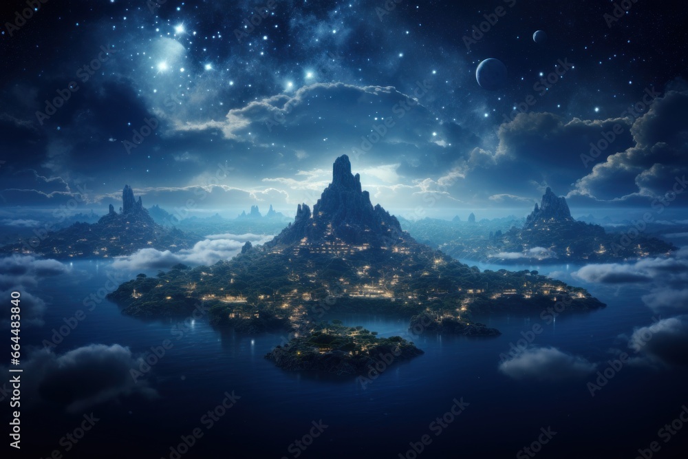 Dreamscape of floating islands amidst a sea of stars.