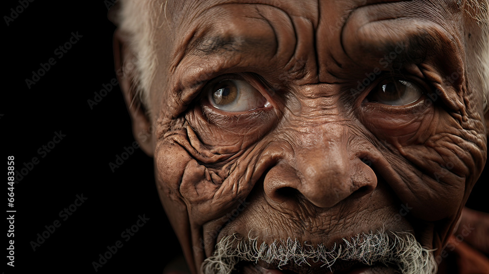 Very close-up of an older African man with very wrinkled facial skin