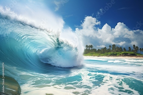 A colossal tidal surge crashes on the scenic beaches of the Maldives. Generative AI photo