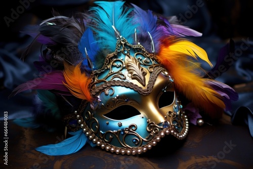 Elaborate masquerade mask adorned with feathers, festival of disguise.