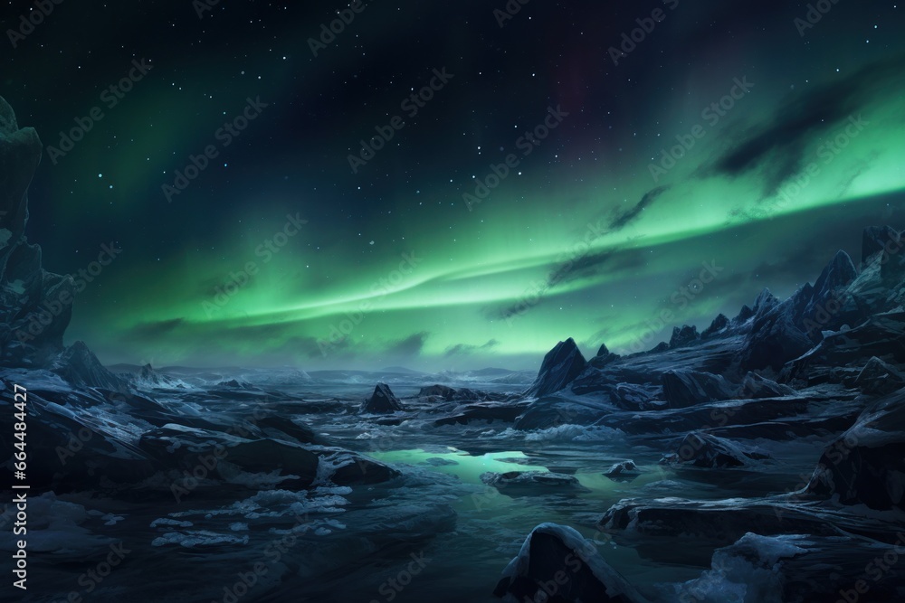 Frozen tundra with aurora borealis illuminating the sky.