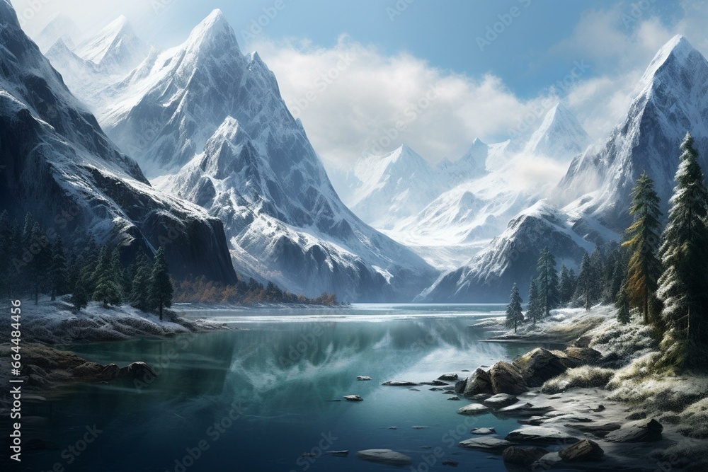 A tranquil lake encircled by mountains, their summits covered in snow. Generative AI