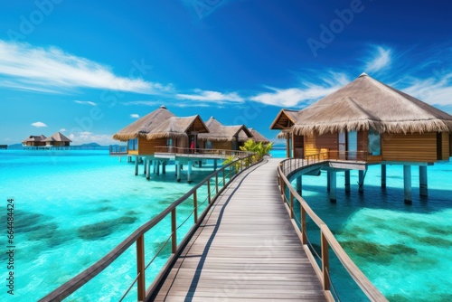 Exotic beach resort with overwater bungalows  turquoise waters  and a pristine shoreline.