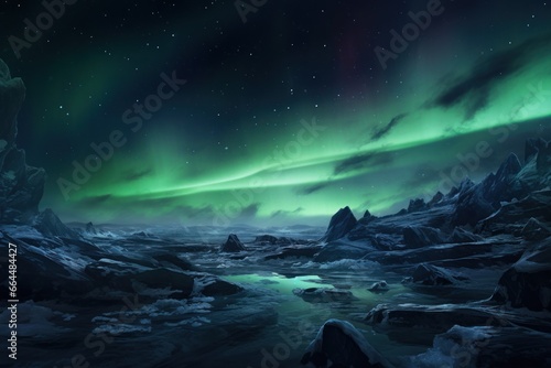 Frozen tundra with aurora borealis illuminating the sky. © Jelena