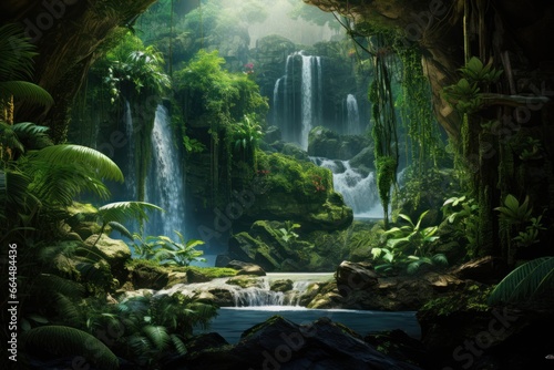 Exotic jungle waterfall hidden amidst dense green foliage.