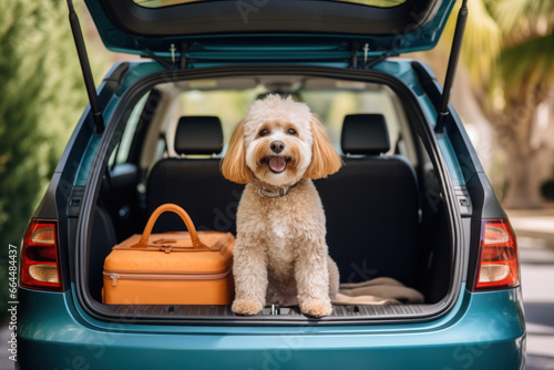 A fluffy dog sits in a car trunk, ready for a journey.