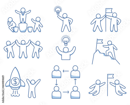 Came up idea light bulb. Brainstorm doodle sketch.Businessman climbed.Successful manager.Successful teamwork.Goal achievement.Money rocket launch.Dollar coin. People community. Winners and losers.