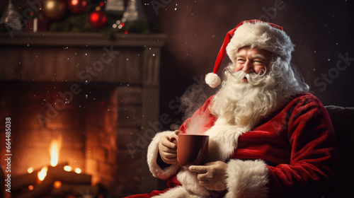Santa Claus taking a break by a warm fire, sipping hot cocoa