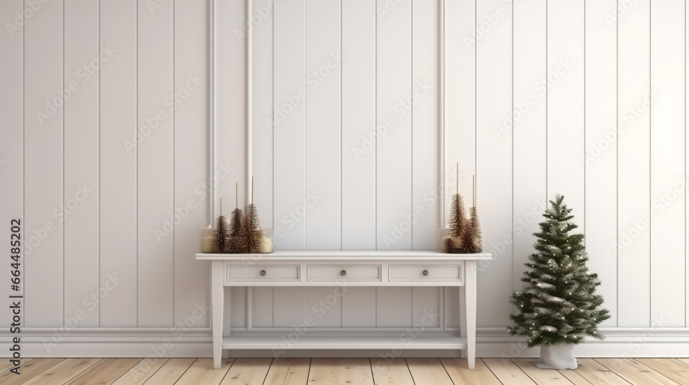 Christmas farmhouse entryway. Wooden console table near white wall. generative ai