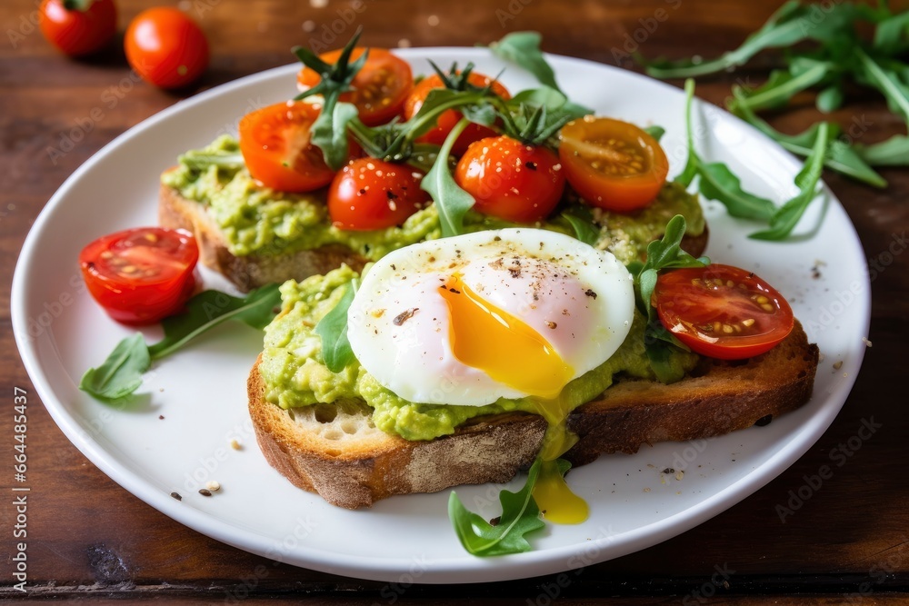 Avocado toast with eggs and roasted tomatoes. Avocado toast with eggs and roasted tomatoes.
