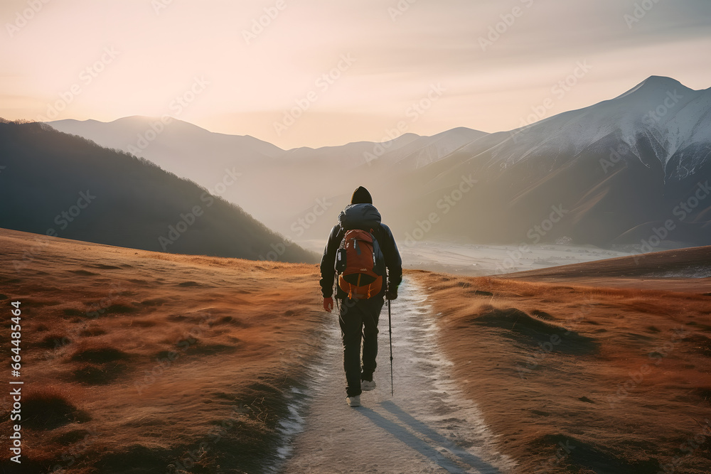 Hiker on the way to the mountains - obrazy, fototapety, plakaty 