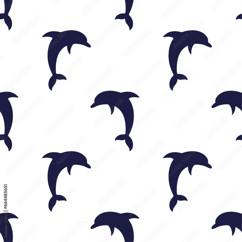 Fototapeta premium Dark blue dolphins on white background vector seamless pattern. Marine underwater life. Best for textile, wallpapers, wrapping paper, package and home decoration.
