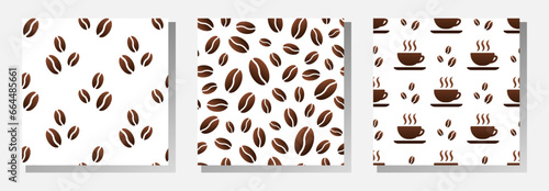 Coffee cups and roasted coffee beans on white background. Vector seamless patterns collection. Best for textile, cafe decor, wallpapers, wrapping paper, package and your design.