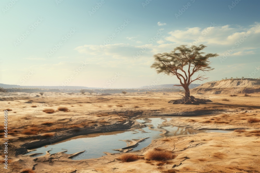Parched desert with a lone oasis, mirage of life amidst barrenness. Parched desert with a lone oasis, mirage of life amidst barrenness.
