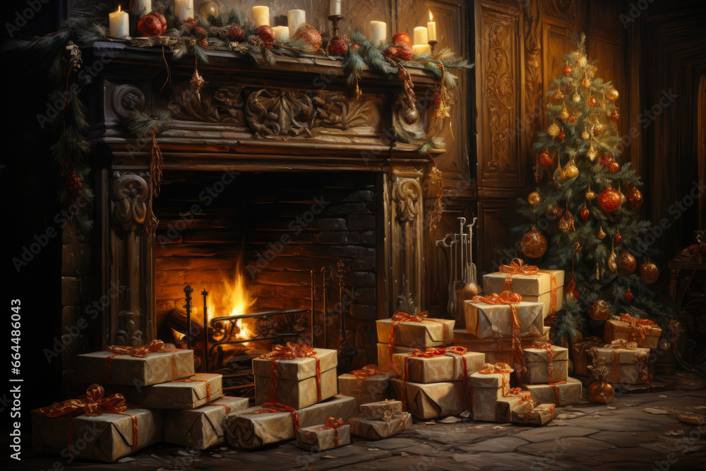Festive Holiday Gifts Adorn Fireplace
