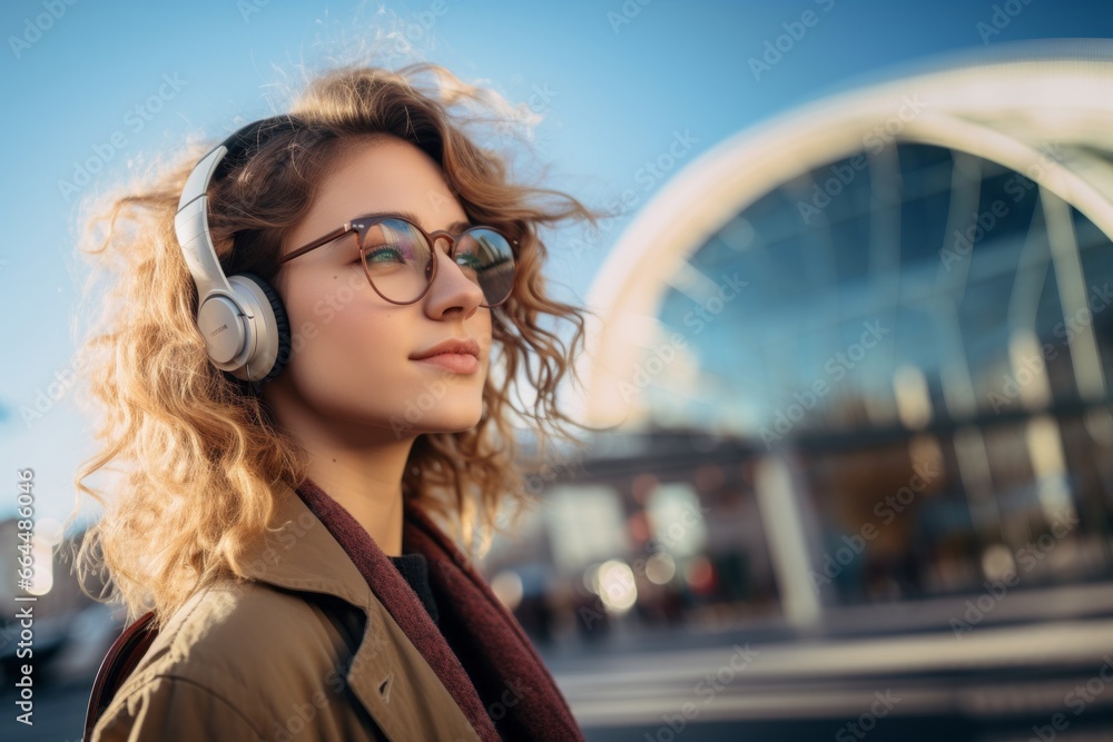 Young business woman wearing headphones walking on the city. Young business woman wearing headphones walking on the city.