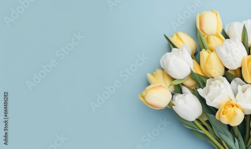 Vibrant bouquet of yellow and white tulips.