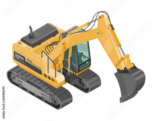 excavator backhoe isometric Construction vehicle yellow heavy machine work machinery cartoon vector