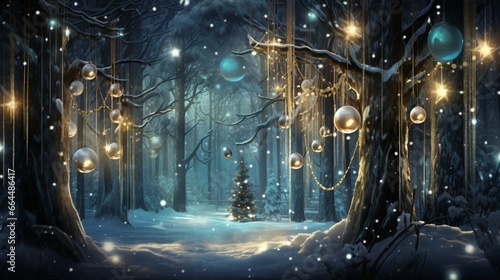 decorated forest with Christmas lights and ornaments beautiful background generated by AI tool 