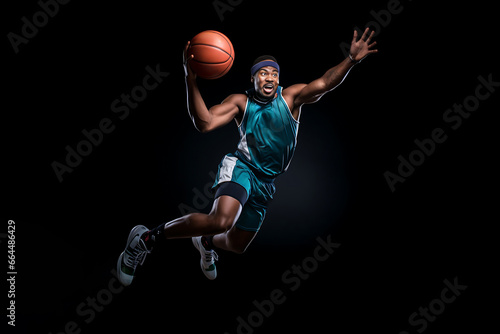 Basketball superstar leaps through the air, isolated against a black studio background, surrounded by dramatic lighting and smoke effects. Generative AI. © Surachetsh