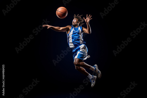 Basketball superstar leaps through the air, isolated against a black studio background, surrounded by dramatic lighting and smoke effects. Generative AI.