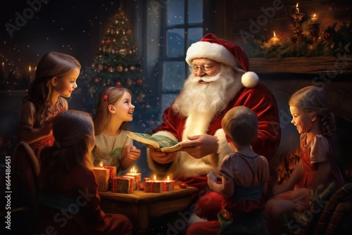 Santa Claus sharing tales with young elves in his North Pole home.