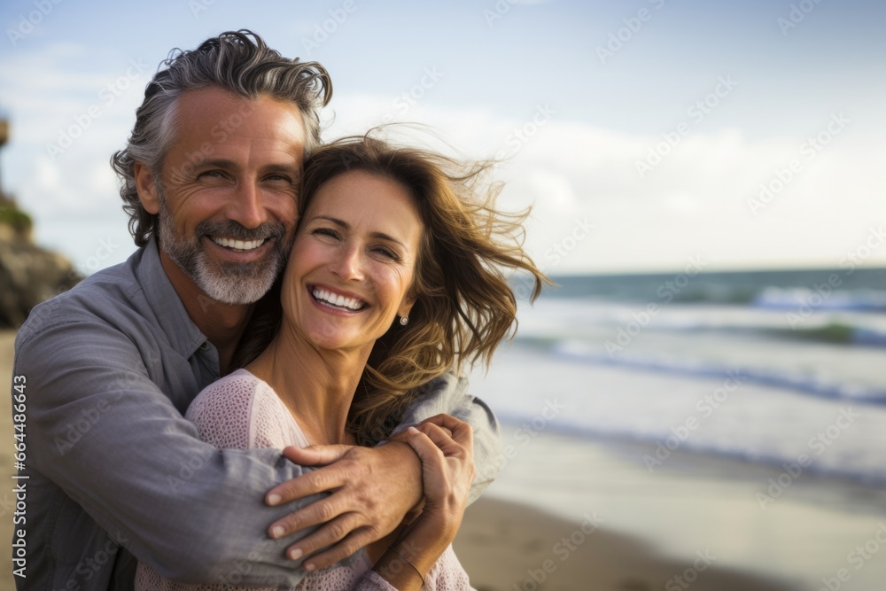 Fototapeta premium Joyful middle aged couple, a man and woman, sharing a loving hug on a beach