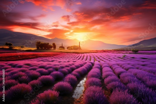  Serene landscape with lavender fields during sunset.